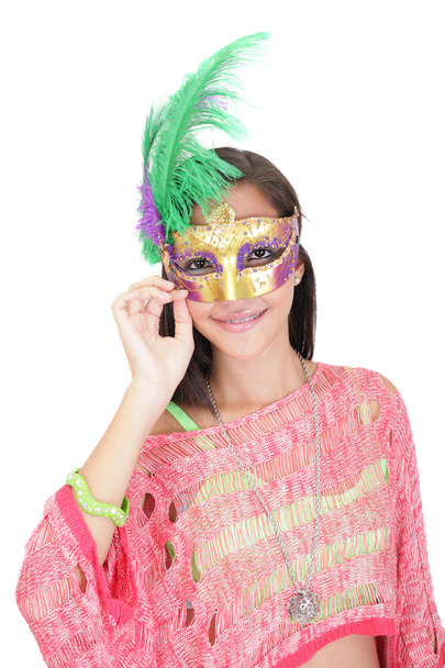 Portrait of attractive beautiful teenager wearing carnival mask - Photo, Image