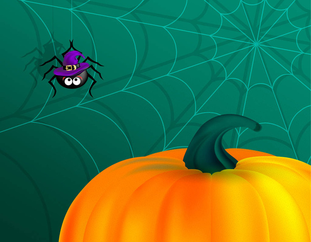Araña linda negra en telaraña con sombrero de bruja púrpura y calabaza naranja sobre fondo verde oscuro. Feliz fondo de Halloween
 - Vector, Imagen