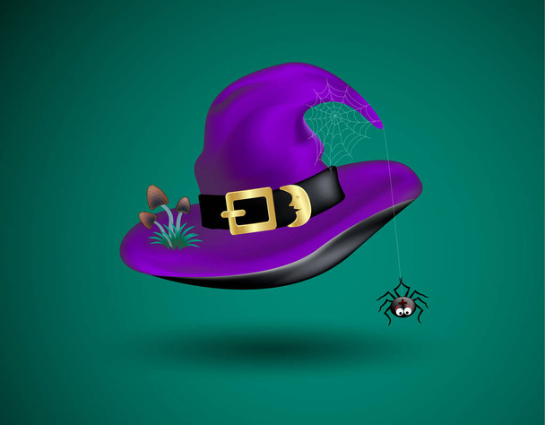 Purple witch hat with scary decor of black funny spider on cobweb and poisonous mushrooms on dark green background. Halloween costume vector icon - Vector, Image