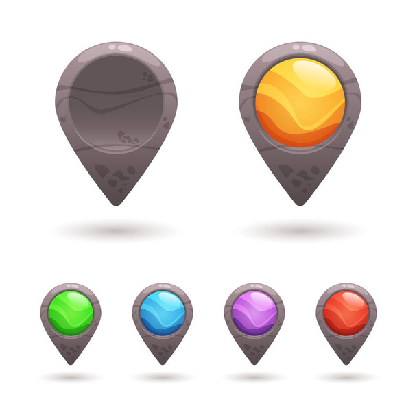 Set of colorful and empty vector stone map pointers, markers. Cartoon elements for web or game design isolated on pastel background. - Vecteur, image