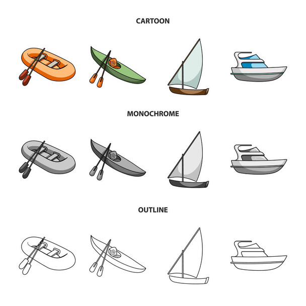 A gumi halászó hajó, evező a kajak, a halászati schooner, motoros hajó. Hajók és vízi közlekedés készlet gyűjtemény ikonok-ban rajzfilm, vázlat, fekete-fehér stílus vektor szimbólum stock illusztráció web. - Vektor, kép