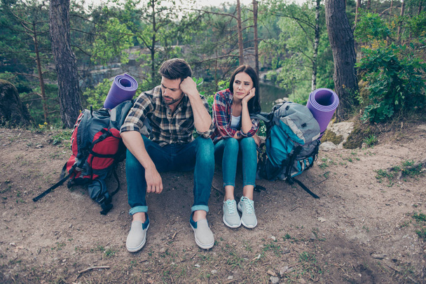Trendy nice lovely sad spouses with rucksacks, wearing casual ch - Фото, зображення