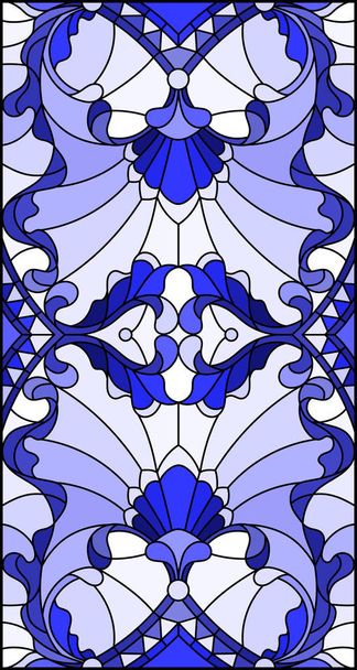 Illustratie in gebrandschilderd glas stijl met abstracte wervelingen, bloemen en bladeren op een lichte achtergrond, verticale afdrukstand gamma blauw - Vector, afbeelding