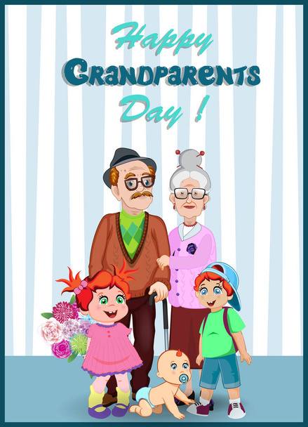 Feliz día de los abuelos tarjeta de felicitación. Dibujos animados ilustración vectorial de pareja de ancianos y nietos juntos. Abuelo, abuela, nieta, nieto y bebé en la habitación
. - Vector, imagen