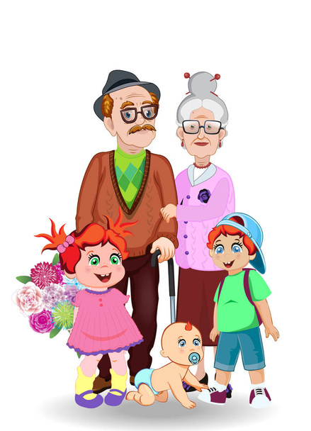 Rajzfilm vektoros illusztráció a nagyszülők és unokák együtt. Nagyapám, nagyanyám, unokája, unokája és baby fehér virágokkal. Üdvözlőkártya, boldog családi ClipArt. - Vektor, kép