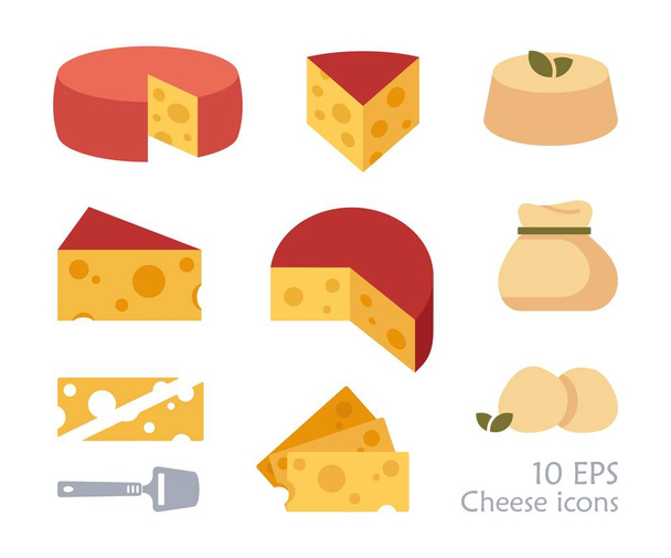 Beyaz arka plan üzerinde peynir simgeler parçaları. Farklı peynir çeşitleri düz tarzı. Vektör çizim. - Vektör, Görsel