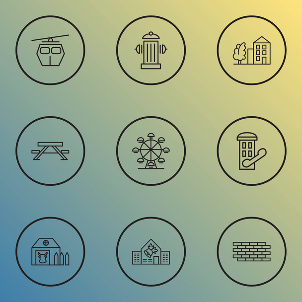City icons line style set with school, brick wall, farm house and other brickwork elements. Isolated vector illustration city icons. - Vector, Image
