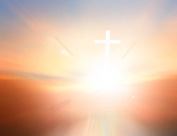 Good friday concept: Blurred crown of thorns and the cross on spiritual light background - Photo, Image