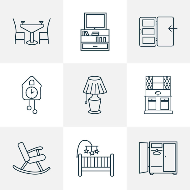 Interior icons line style set with tv stand, buffet, wall clock cot elements. Isolated  illustration interior icons. - Photo, Image