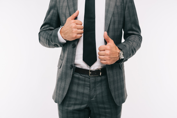 cropped image of businessman holding jacket isolated on white  - 写真・画像