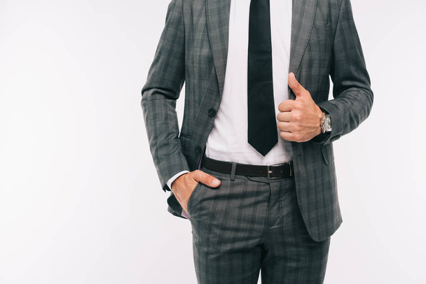 cropped image of businessman holding jacket and standing with hand in pocket isolated on white  - Φωτογραφία, εικόνα