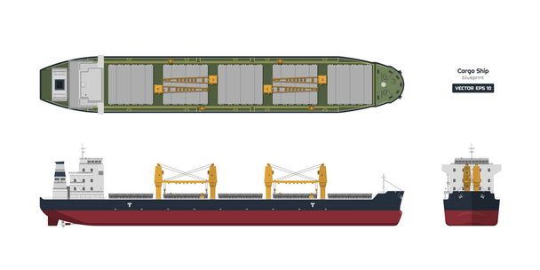 Beyaz bir arka plan üzerinde kargo gemisi. Üst, yan ve ön görünüm. Konteyner taşımacılığında düz stil. Endüstriyel çizim tankeri posteri. Gemi blueprint - Vektör, Görsel