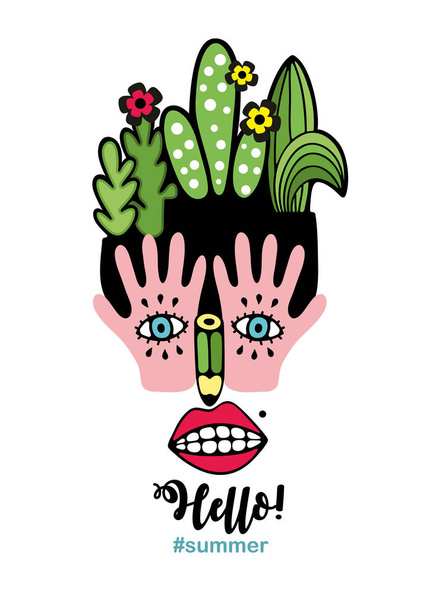 Illustration of abstract woman with plants on the head. - Vektör, Görsel