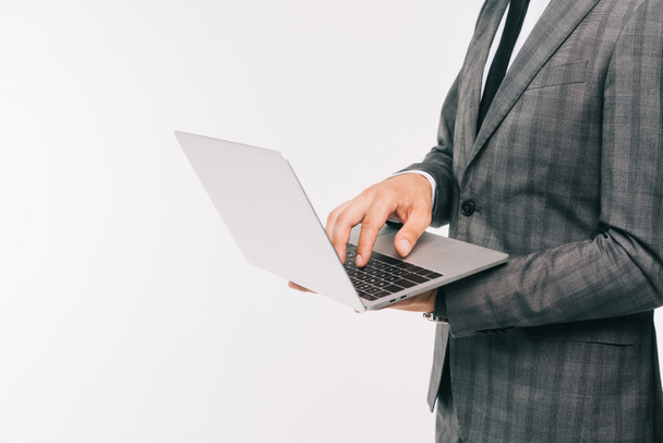 cropped image of businessman using laptop isolated on white - Photo, Image