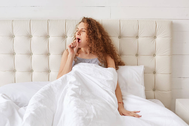 Portrait of beautiful curly lovely woman yawns at bedroom on comfortable bed, sits under white bedclothes, feels sleepy as hadn`t enough sleep. Pretty young female wakes up early in morning. - Фото, зображення