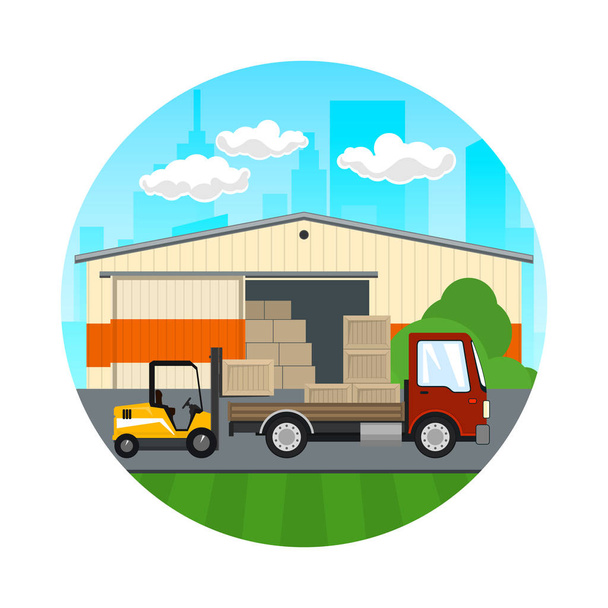 Icono de servicios de transporte, montacargas o cajas de descarga de un camión en frente del almacén, transporte y almacenamiento, ilustración vectorial
 - Vector, imagen