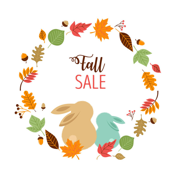 Hello Autumn, fall season background. bunnies and a wreath of leaves - Vector, Image