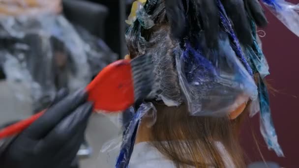 Peluquería profesional para colorear el cabello de la mujer cliente en el estudio
 - Metraje, vídeo