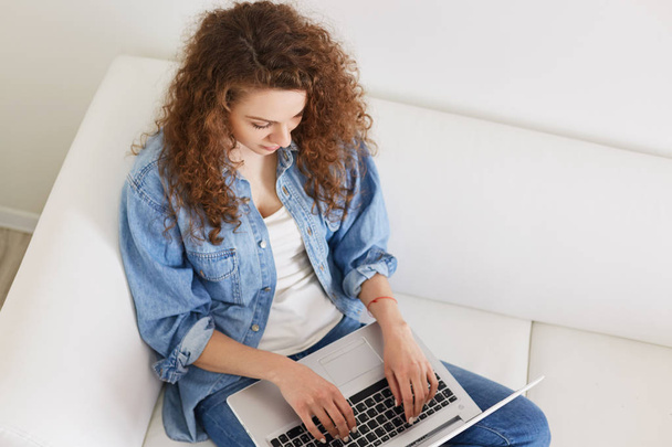 Top view of pretty curly female student prepares for exam, keyboards information on laptop computer, sits at home on comfortable couch. Beautiful young woman uses modern technology and internet - Foto, afbeelding