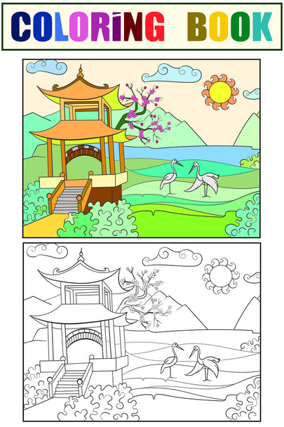 Φύση της Ιαπωνίας χρωματίζοντας βιβλίο για τα παιδιά, κινούμενα σχέδια raster εικόνα - Φωτογραφία, εικόνα