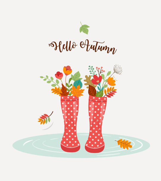 Осінній, осінній сезон фону, дощові гумові чоботи з осіннім листям і квітами, шарф і парасолька
 - Вектор, зображення