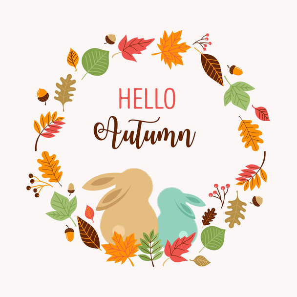 こんにちは秋、秋シーズンの背景。ウサギと葉の花輪 - ベクター画像