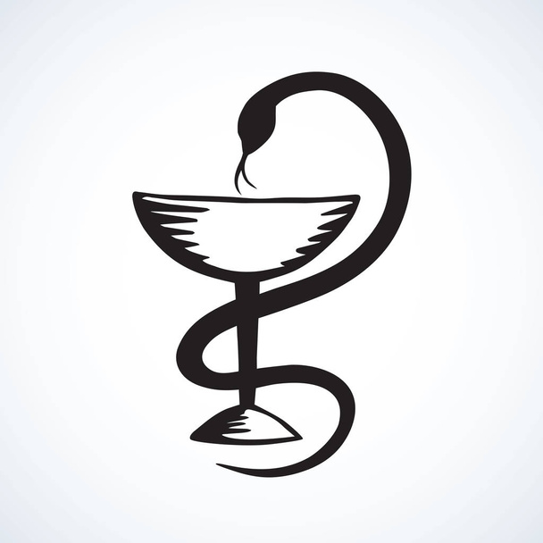 Beaker of Hygieia insignia isolated on white background. Web abstract caduceus ui line logo concept. Freehand black ink outline hand drawn emblem sketchy in art retro doodle graphic style pen on paper - Vector, Image