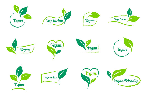 Bio, ecologie. Vector Vegan sticker icons templates set. Biologische voeding, boerderij verse en natuurlijke product iconen en elementen collectie voor voedselmarkt, e-commerce, biologische producten promotie, gezond leven. - Vector, afbeelding