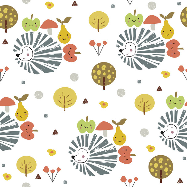 Hedgehog with harvest on the back. Childish cute cartoon illustration. Seamless pattern. - Vettoriali, immagini