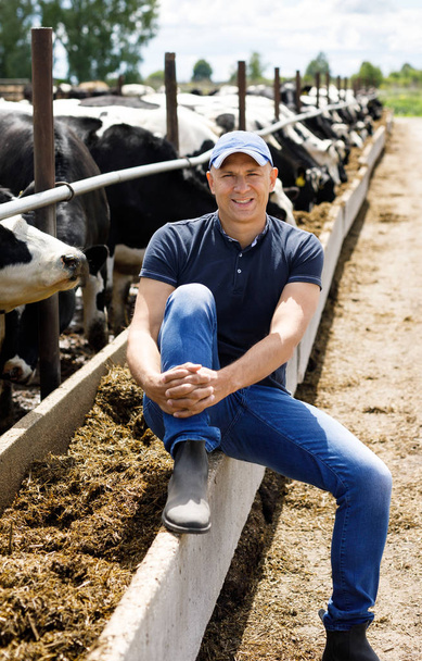 Agricultor en granja con vacas lecheras
 - Foto, Imagen
