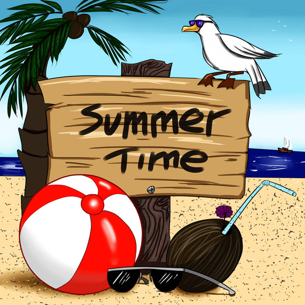 Summer time card with wooden sign beach ball and coconut cocktail cartoon illustrations - Foto, imagen