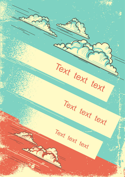 Bewolkte blauwe hemelachtergrond met witte ruimte voor tekst. Vector vintage poster op oud papier textuur - Vector, afbeelding