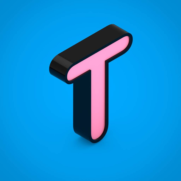 Black letter T uppercase with pink neon light. 3D render isometric font isolated on blue background. - Photo, Image