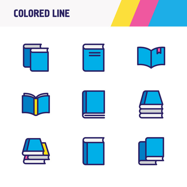 Vektoros illusztráció 9 könyv ikonok színes vonal. Szerkeszthető készlet könyv gyűjtemény, könyvesbolt és más ikon elemek. - Vektor, kép