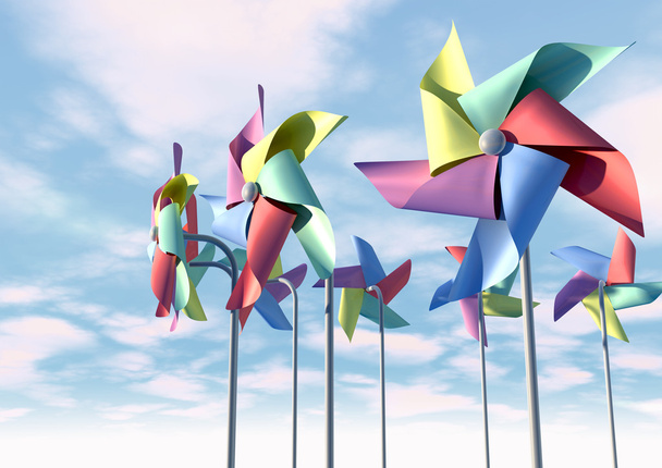 Pinwheels coloridos en el frente azul del cielo
 - Foto, Imagen