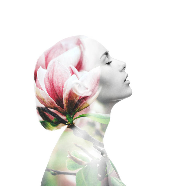 Multiple exposure. Woman and magnolia - Zdjęcie, obraz