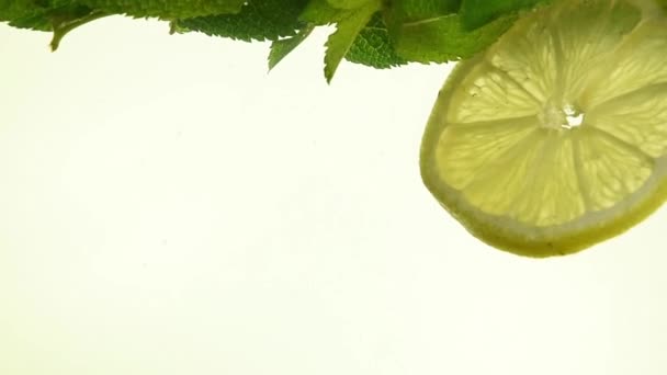 Cierre varias hojas de menta verde fresca y rodajas de limón lanzadas y flotando en vidrio mojito, vista lateral de bajo ángulo, cámara lenta
 - Metraje, vídeo