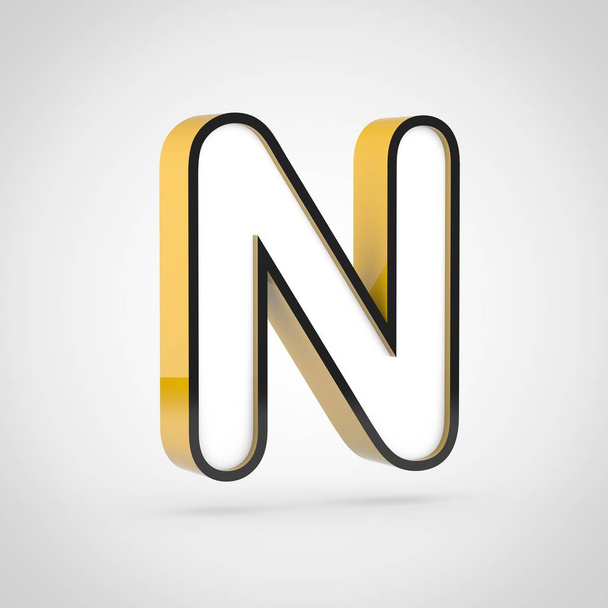 Golden letter N uppercase with white face and black outline. 3D render font isolated on white background. - Photo, Image