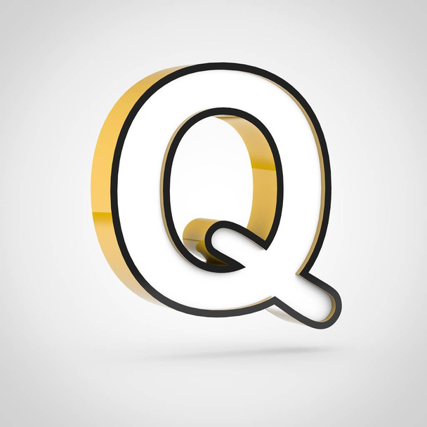 Arany levél Q nagybetűs, fehér arc és a fekete körvonal. 3D render betűtípus, elszigetelt fehér background. - Fotó, kép