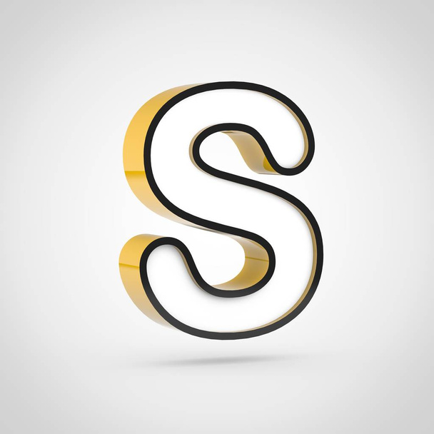 Arany levél S nagybetűs, fehér arc és a fekete körvonal. 3D render betűtípus, elszigetelt fehér background. - Fotó, kép