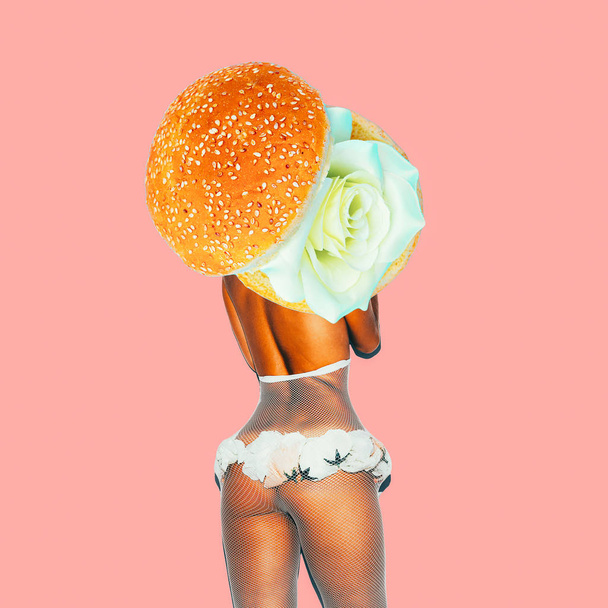 Contemporary art  collage. Burger sensual Lady. Funny Fast food minimal project - Фото, изображение
