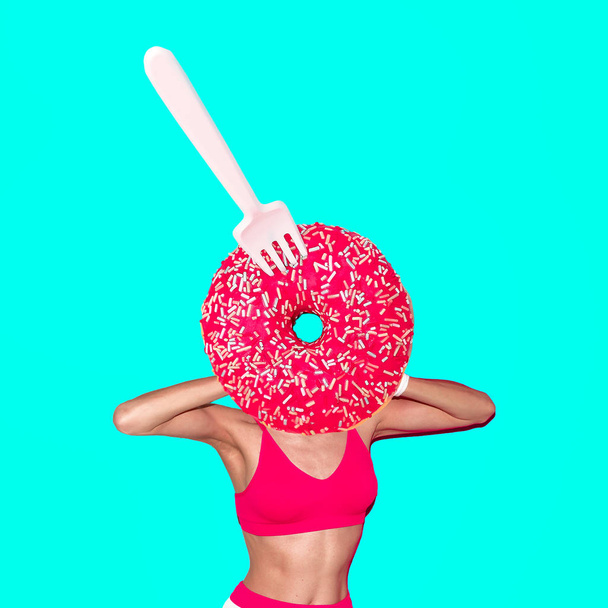 Contemporary art minimal collage. Donut lover. Funny Fast food minimal project - Photo, image