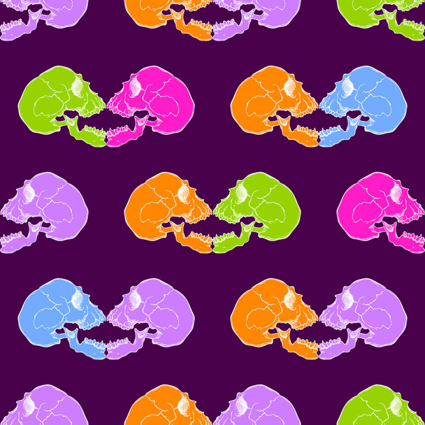 kleurrijke naadloze patroon met schedels in cartoon stijl - Vector, afbeelding