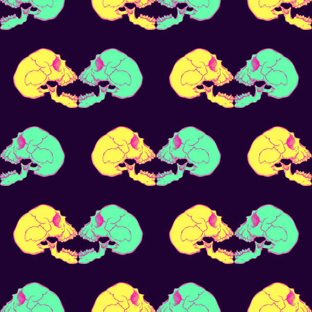 kleurrijke naadloze patroon met schedels in cartoon stijl - Vector, afbeelding