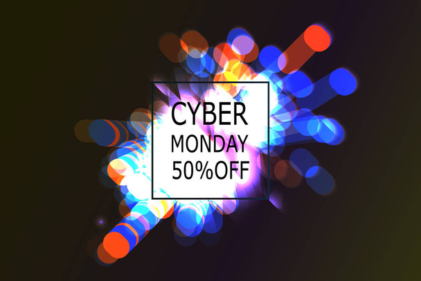 Cyber Monday Sale label. Promotional banner template with lettering composition and light rays. cyber Monday discount fireworks, Vector illustration - Vektor, Bild