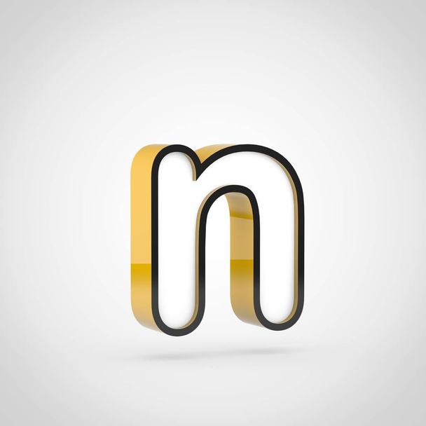 Golden letter N lowercase with white face and black outline. 3D render font isolated on white background. - Photo, Image