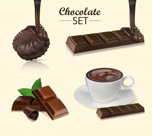 Chocolate. Trozos, virutas, cacao. 3d vector realista conjunto
 - Vector, Imagen