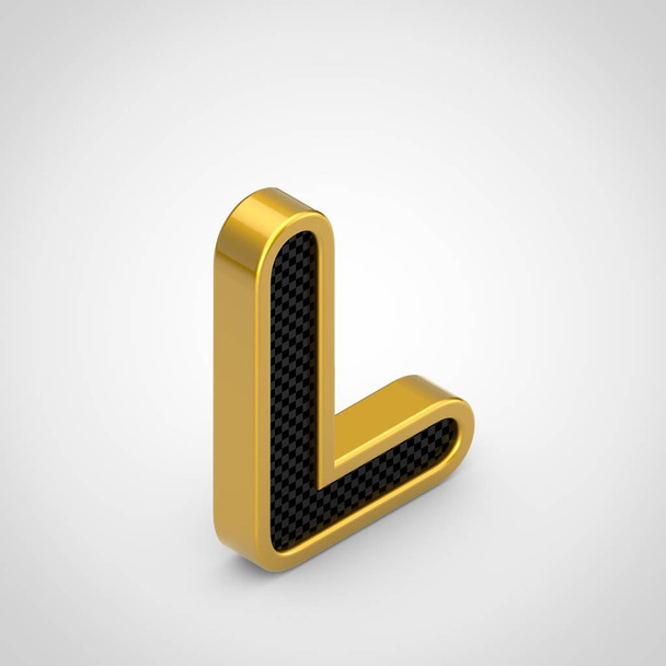 Golden letter L uppercase with black carbon fiber face texture. 3D rendering isometric font isolated on white background. - Photo, Image