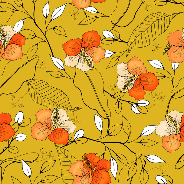 Tropical vector seamless flower and leaves pattern. Exotic background. Wallpaper. Blooming realistic isolated jungle plants, palm. Hand drawn bright illustration. - ベクター画像