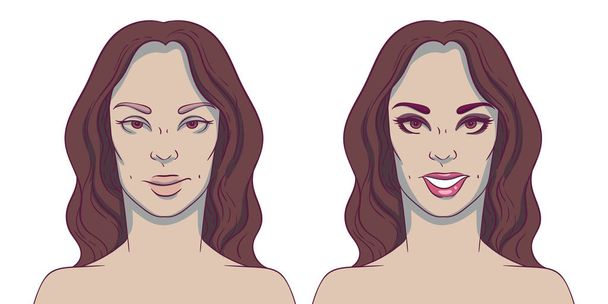 Πορτρέτο μιας γυναίκας πριν και μετά με ελαττώματα αισθητικού. Πλαστική χειρουργική και κάλυψη των ελλείψεων στην εμφάνιση. Οδοντιατρική. Χαμόγελο. Ευθεία δόντια. - Διάνυσμα, εικόνα